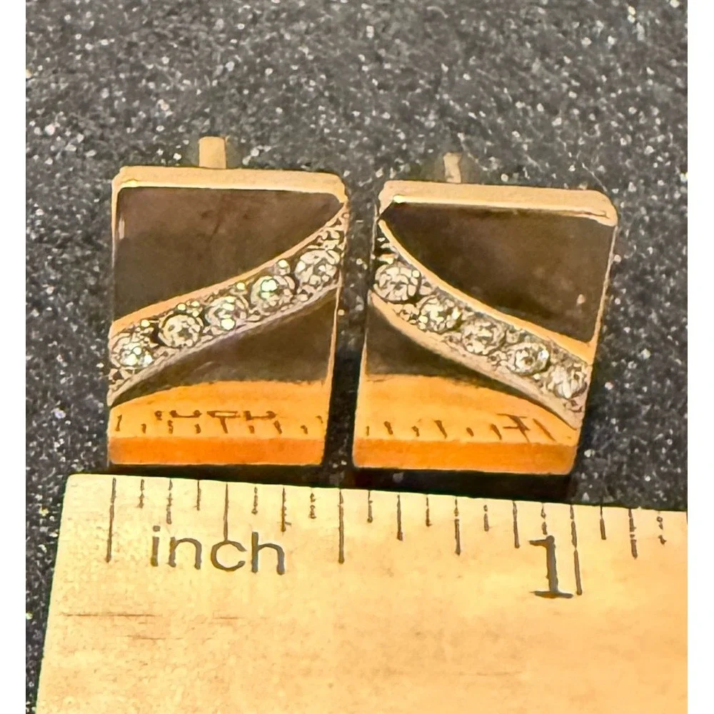 Vintage Stafford Gold Tone Rhinestone Rectangle Enamel Cufflinks Original Box